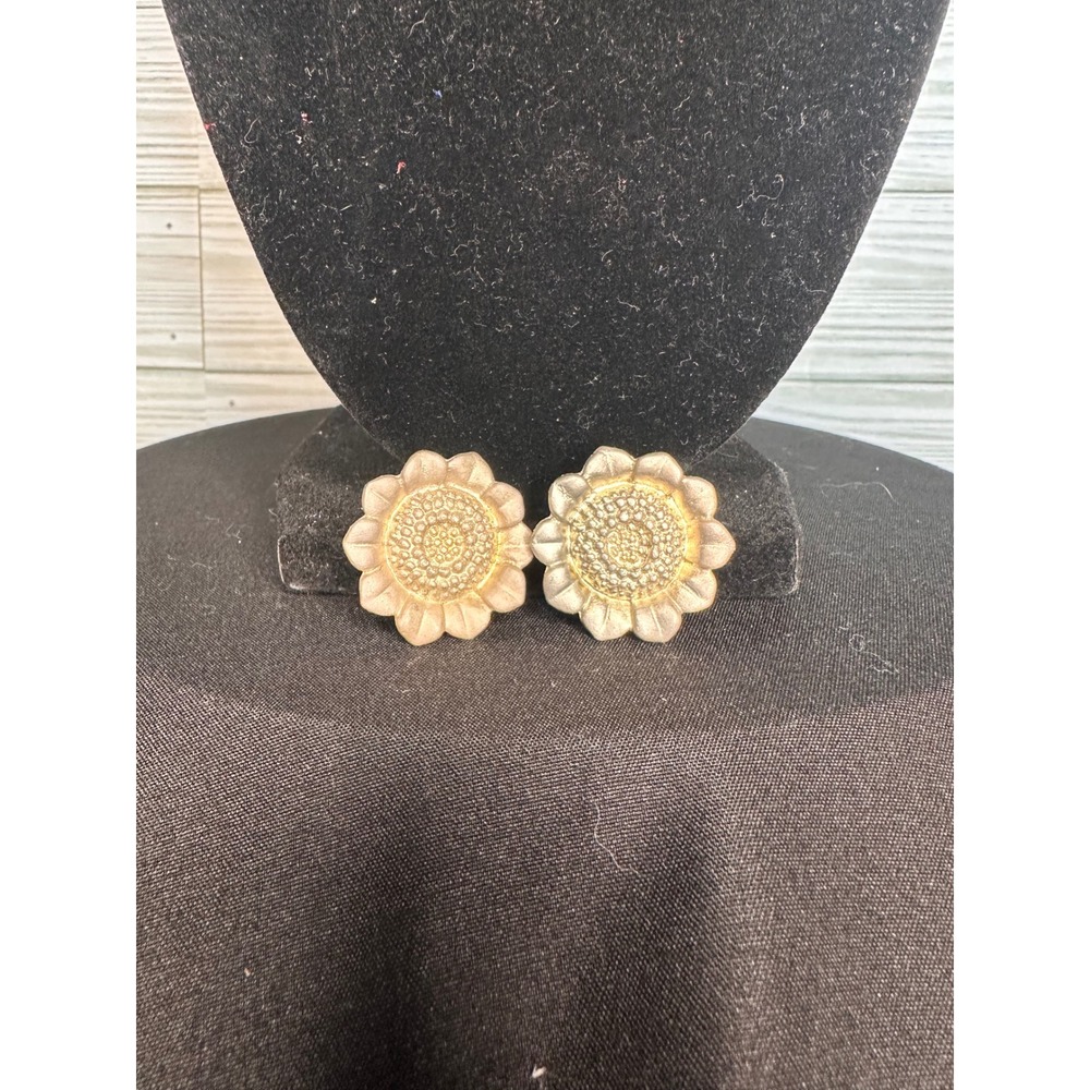 Anne Klein Sunflower Earring Silver Tone Vintage Clip On Floral Stud